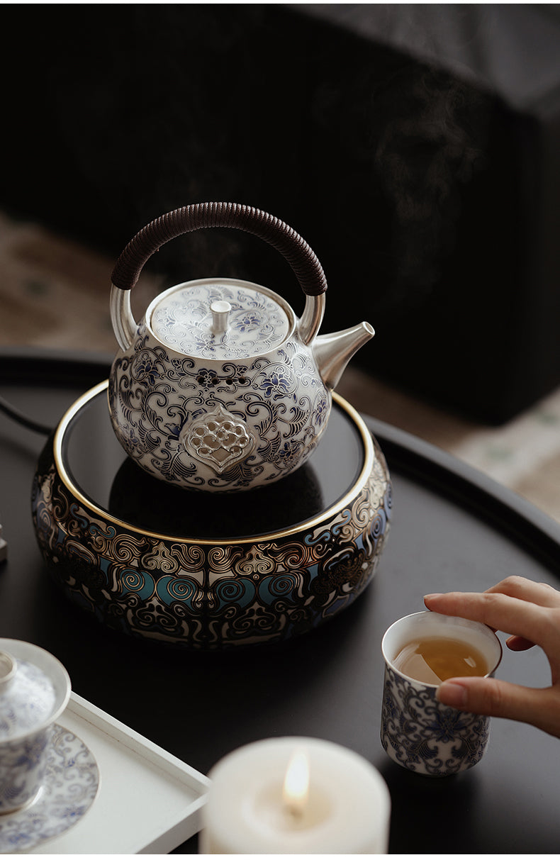 Chinese Silver-Gilded Blue and White Teapot JiXianSheng