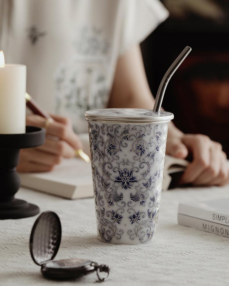 Silver-Gilded Blue and White Ceramic Mug JiXianSheng