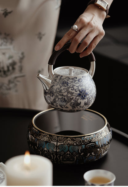 Chinese Silver-Gilded Blue and White Teapot JiXianSheng