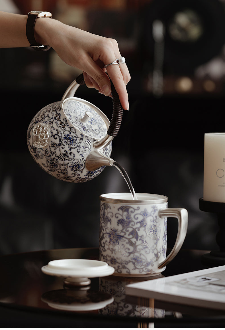 Chinese Silver-Gilded Blue and White Teapot JiXianSheng