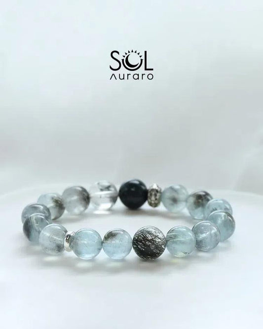 Starlight Aquamarine, Shimmering Diamond-Cut Black Rutilated Quartz Bracelet - KillBigCompany