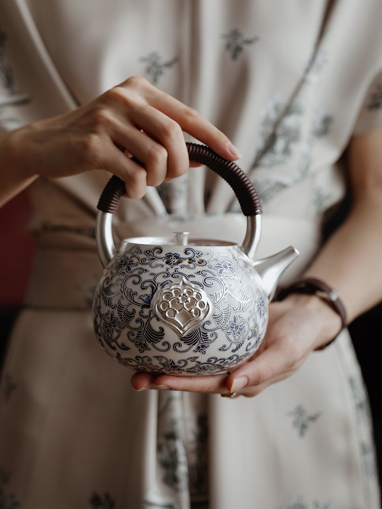 Chinese Silver-Gilded Blue and White Teapot JiXianSheng