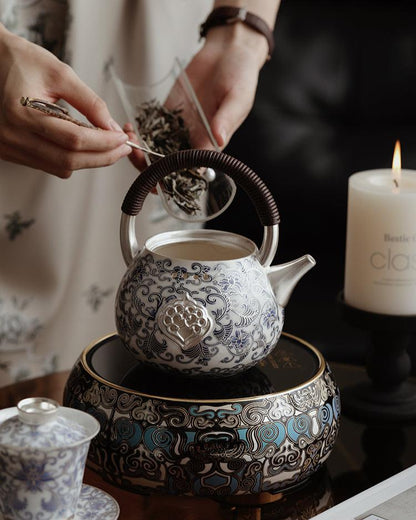 Chinese Silver-Gilded Blue and White Teapot JiXianSheng