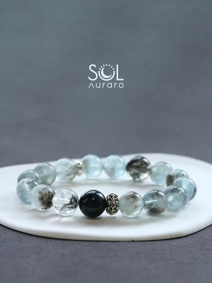 Starlight Aquamarine, Shimmering Diamond-Cut Black Rutilated Quartz Bracelet - KillBigCompany