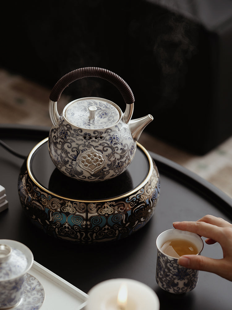 Chinese Silver-Gilded Blue and White Teapot JiXianSheng