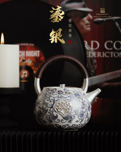 Chinese Silver-Gilded Blue and White Teapot JiXianSheng