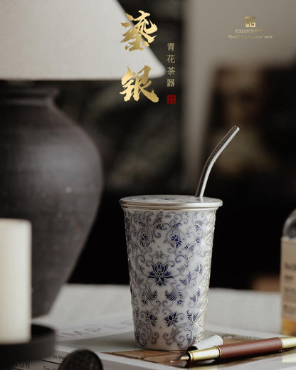 Silver-Gilded Blue and White Ceramic Mug JiXianSheng