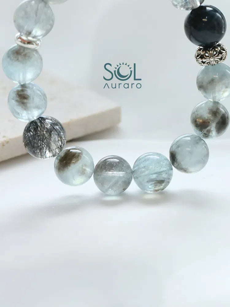 Starlight Aquamarine, Shimmering Diamond-Cut Black Rutilated Quartz Bracelet - KillBigCompany