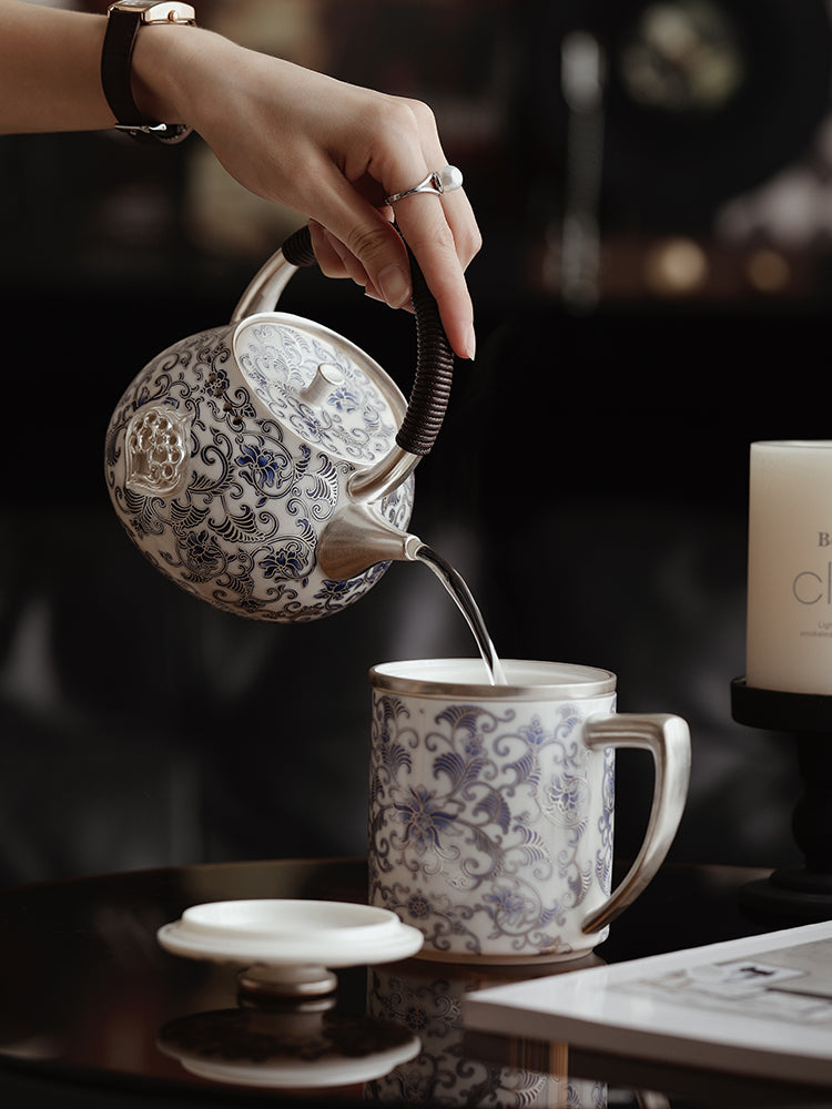 Chinese Silver-Gilded Blue and White Teapot JiXianSheng