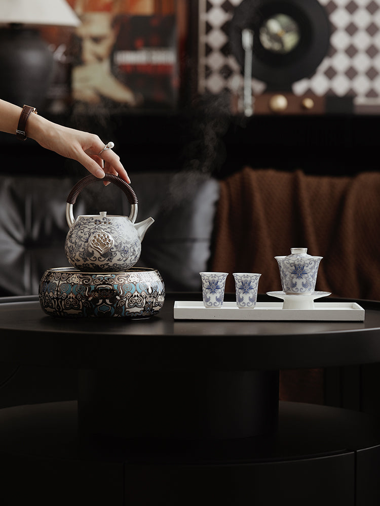 Chinese Silver-Gilded Blue and White Teapot JiXianSheng