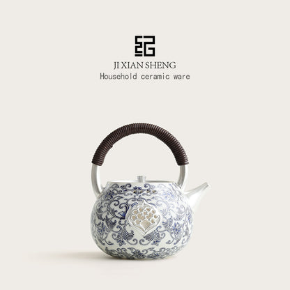 Chinese Silver-Gilded Blue and White Teapot JiXianSheng